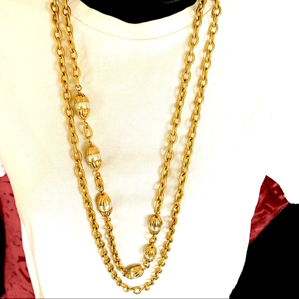 Double strand gold tone long chain necklace